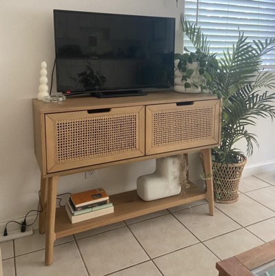 Wood & Cane Console Table With Pull-down Drawers Natural - Hearth ...