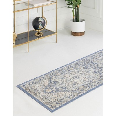 French Blue Medallion Runner Rug with Easy Care Synthetic Weave