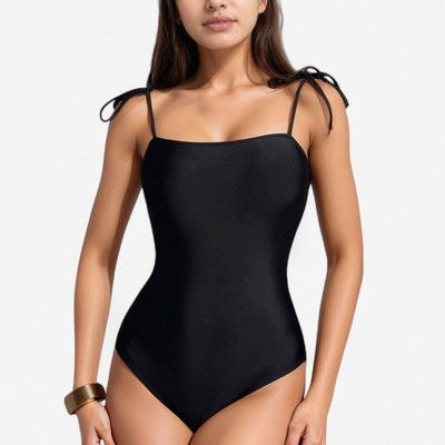 Anna-Kaci Women's Classic One Piece Swimsuit with Adjustable Shoulder Tie Straps and Straight Neckline