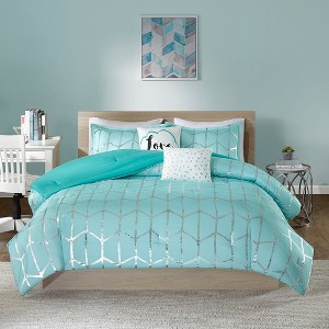 Grungis Silver Metallic Geometric Print 4-Piece Sheet Set,Machine Washable,Easy Care, Bedding Set - 1 of 4