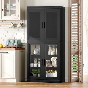 Wooakway 67"H Kitchen Pantry Cabinet with Glass Door and Rattan Door, Storage Shelves, Black - 1 of 4