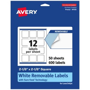 Avery Matte White Removable Square Labels with Sure Feed Technology, Print-to-the-Edge, 2-1/8" x 2-1/8" - 1 of 4