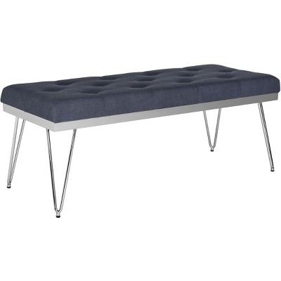 Navy Linen Upholstered Bench with Chrome Hairpin Legs