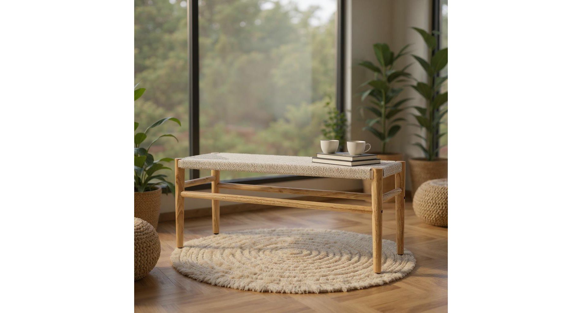 Hooseng Indoor Entryway Bench, Bohemian Style Woven Rope Long Bench with Solid Rubber Wood Legs, French Vanity Bed End Bench for Living Room, Bedroom