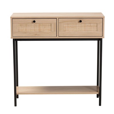 Sherwin Light Brown and Black 2-Drawer Console Table with Rattan Accent