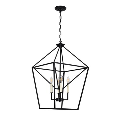 PAKOKULA Modern 4-Light Matte Black Industrial Candlestick Chandelier with Geometric Metal Shade