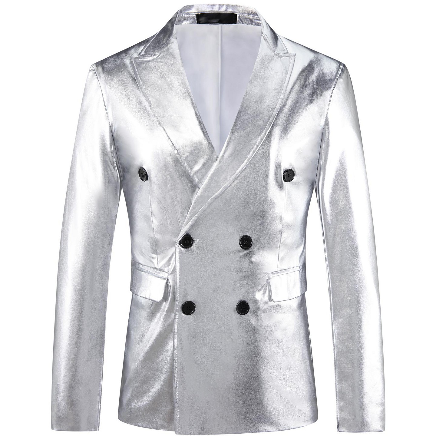 Мужской пиджак Lars Amadeus Peak Lapel Double-Breasted Party Disco Sparkly Metallic Blazer Silver, цвет: Серебряный — фото 1