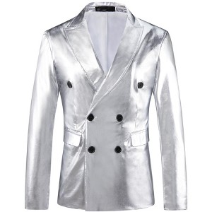 Lars Amadeus Men's Peak Lapel Double-Breasted Party Disco Sparkly Metallic Blazer - 1 of 4