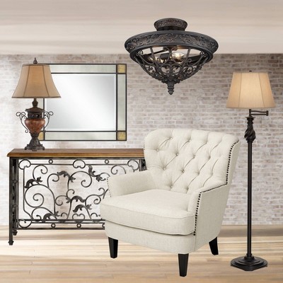 Elegant Scroll Rubbed Bronze Semi-Flushmount Ceiling Bowl Light, 20" Wide