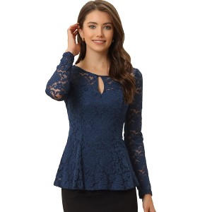 INSPIRE CHIC Women's Floral Lace Front Peplum Hem Keyhole Sheer Long Sleeve Blouse - 1 of 4