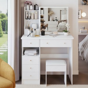 FONTOI 29.2"W/37"W/41"W Makeup Vanity Table with Left Drawer Stool Large Sliding Mirror Capacity Storage for Bedroom Dressing Room, White/Black - 1 of 4