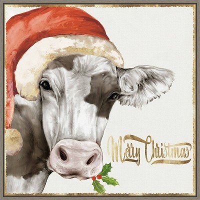 22" x 22" Christmas Cow Framed Wall Canvas - Amanti Art