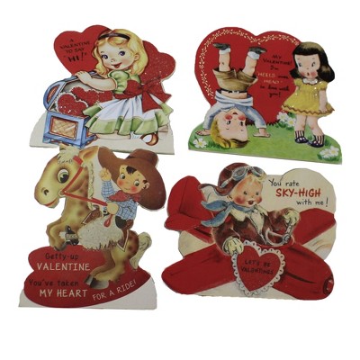 Valentine's Day 5.25" Vintage Inspired Dummy Boards Set 4 Retro Cowboy Plane Hearts Bethany Lowe Designs, Inc.  -  Decorative Figurines