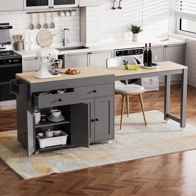 74.5" Extendable Dining Table, Kitchen Island on Wheels, with Spice Rack, 2 Drawers and 4 Door Cabinet, for Kitchen, Dining Room