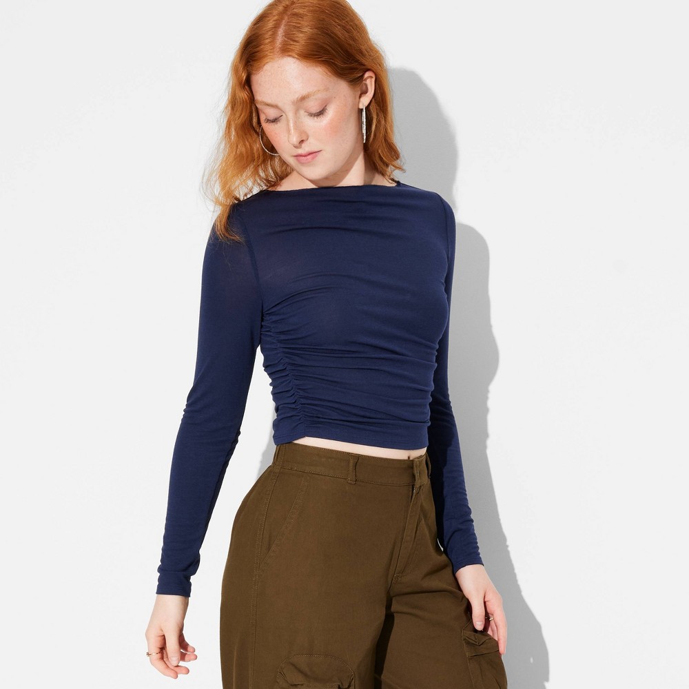 Women's Long Sleeve Boat Neck Ruched Top - Wild Fable™ Navy Blue XL