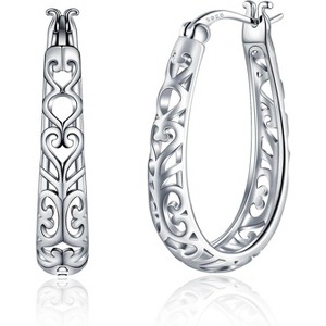 925 Sterling Silver Vintage Filigree Hoop Earrings Lightweight Oval Hoop Earrings for Women Hypoallergenic Earrings - 1 of 4