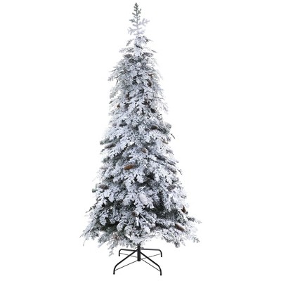 Nearly Natural 7’ Flocked Montana Down Swept Spruce Prelit LED Artificial Christmas Tree with Pinecones