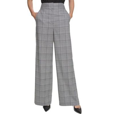 Calvin Klein Womens Glen Plaid Wide Dress Pants, Black, 2