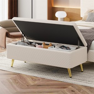 38.4 Inch Storage Bench, Upholstered End Of Bed Bench Ottoman, Corduroy Footrest Stool With Metal Legs, Entryway Ottoman Bench for Living Room - 1 of 4