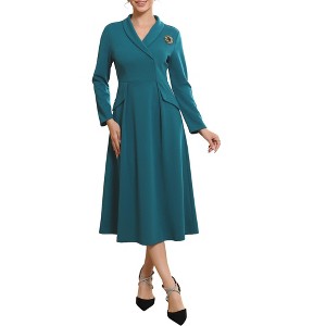 INSPIRE CHIC Women's Shiny Floral Brooch Shawl Collar V Neck Long Sleeve A-Line Midi Dress - 1 of 4