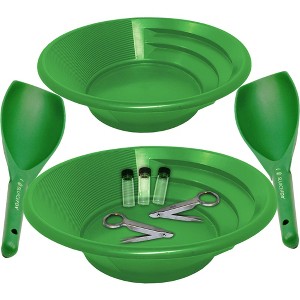 Gold panning kit for two; Two green gold pans, two plastic paydirt shovels, two stainless steel magnifying tweezers, and three glass vials - 1 of 4