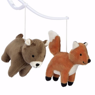 Rust and Brown Velour Fox and Bear Musical Crib Mobile