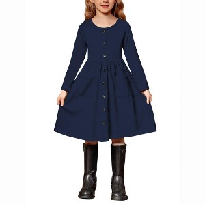 Arshiner Girl's Dresses Button Down Midi Long Sleeve Casual Sundress A-line Dress with Pockets - 1 of 4