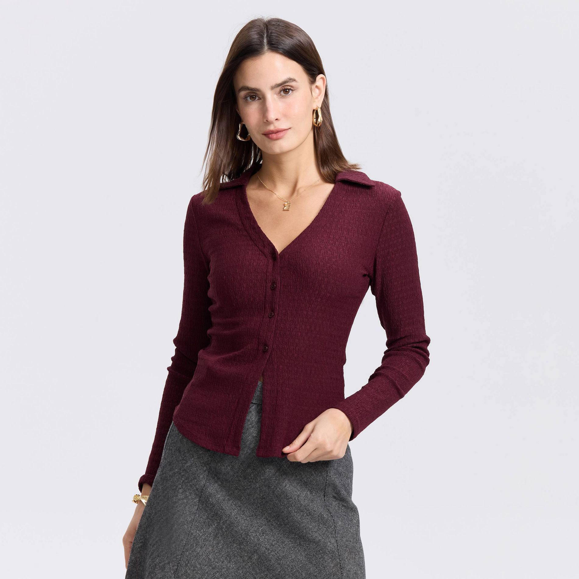 Women's Long Sleeve Button-Down Knit Top - A New Day™
