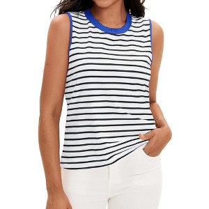 ATHLECHIC Women's Striped Color Block Side Slits Crew Neck Casual Sleeveless Shirts - 1 of 4