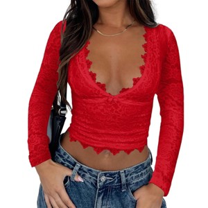 Coolmee Women's Lace Deep V Neck Long Sleeve Crop Top Slim Fit T Shirt Fall Going Out Shirts - 1 of 4