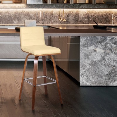 26" Cream Faux Leather and Walnut Wood Swivel Bar Stool