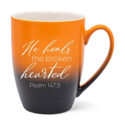 Elanze Designs He Heals The Broken Hearted Two Toned Ombre Matte Orange and Black 12 ounce Ceramic Stoneware Coffee Cup Mug