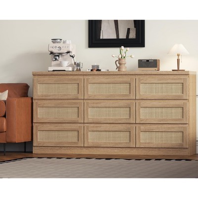 Rattan Dresser for Bedroom, 9 Drawer Dresser with Charging Station, Farmhouse Wood Chest of Drawer with Strong Base, Storage Organizer