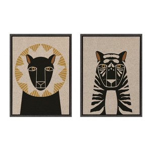 Kate and Laurel Sylvie Lion Profile Neutral Linen and Tiger Profile Neutral Linen Framed Canvas Art Set by Hannah Beisang - 1 of 4