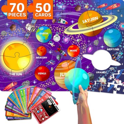 QUOKKA 70 Pieces Jigsaw Puzzles for Kids 4 5 6 Years Old - 400+ Facts on 50 Double-Sided Flashcards | Learn World| Education Activity Gift