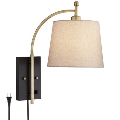 360 Lighting Modern Swing Arm Wall Lamp Antique Brass Black Plug-In Light Fixture Tan Drum Shade for Bedroom Living Room Reading