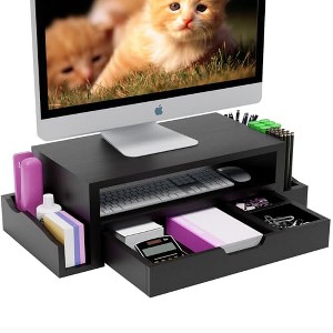 Simple Trending Monitor Stand Riser and Computer Wood Desk Organizer with Drawer and Pen Holder for Laptop, Computer, iMac, Black - 1 of 4