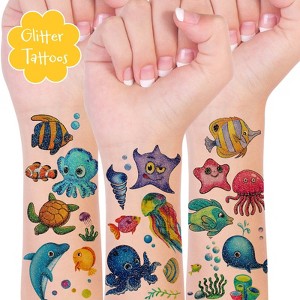 Wrapables Waterproof Glitter Temporary Tattoos, Birthday Party Favors and Supplies, Goodie Bag Fillers, 12 Sheets Ocean Animals - 1 of 4