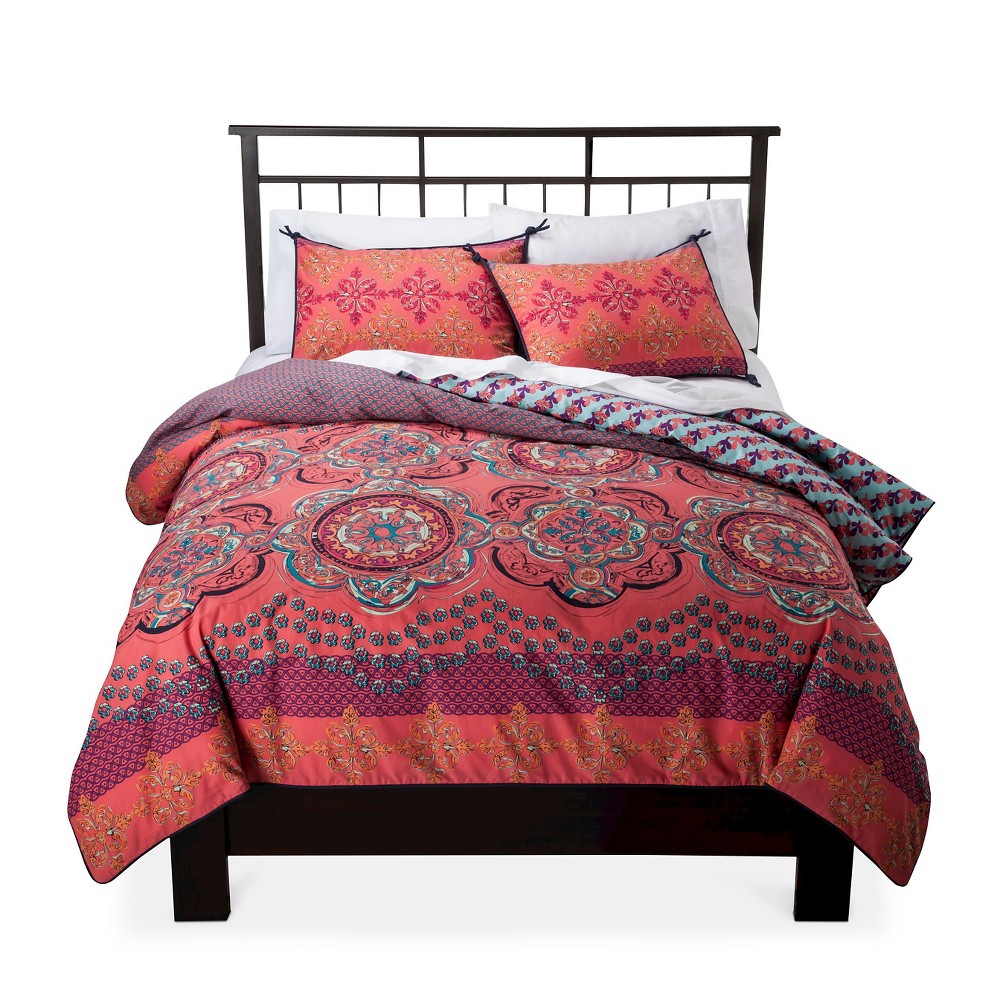 Coral Nadia Medallion Reversible Duvet Cover Set Fullqueen 3 Pc