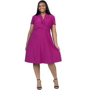 24seven Comfort Apparel Plus Size Short Sleeve Knee Length V Neck Rouched Wrap Dress - 1 of 4