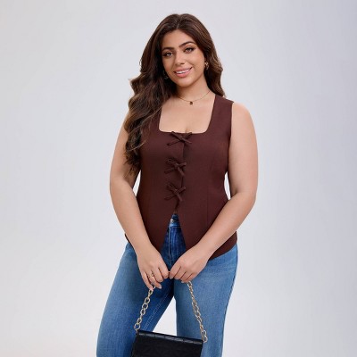 Women's Square Neck Sleeveless Front Bow Tie Closure Vest Top - A New Day™ Brown XXL