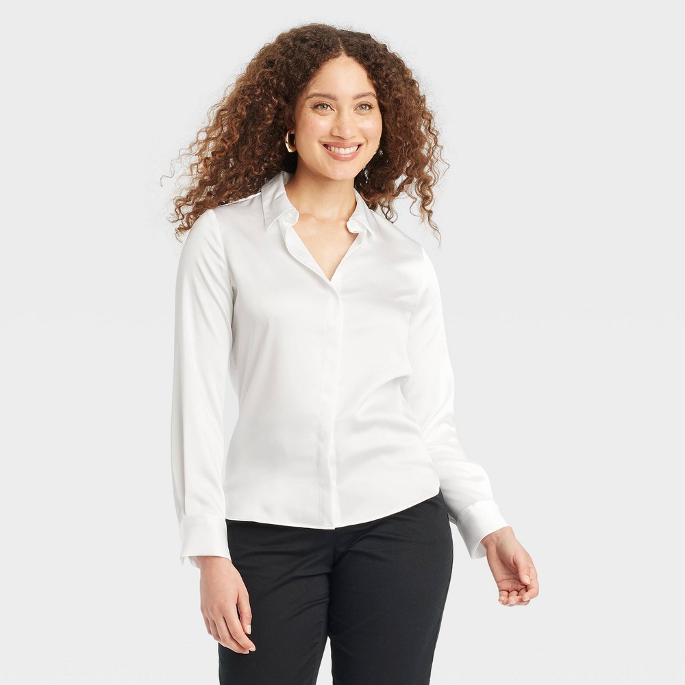 Women's Long Sleeve Satin Button-Down Shirt - A New Day White XS