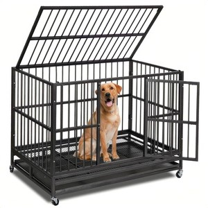 Heavy Duty Dog Crate - Indestructible Metal Kennel with Wheels & Double Doors, 33" High Anxiety Pet Cage with Removable Tray for Large Dogs - Black - 1 of 4