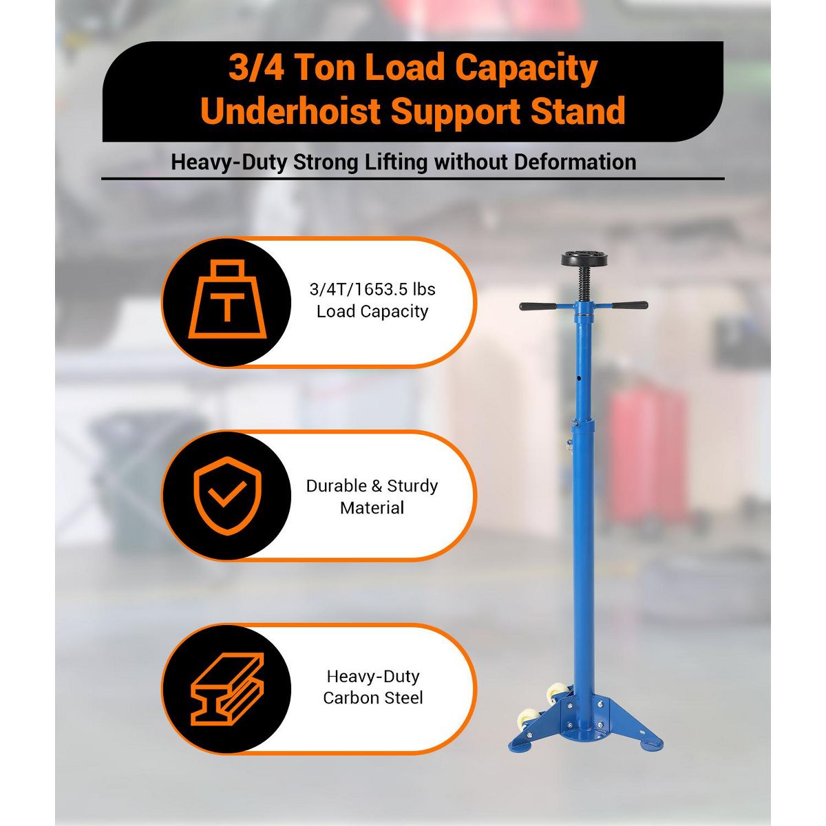Heavy Duty 3/4 Ton Underhoist Support Stand, 1655 lbs, 38.4-75.4" Adj Height, Self-Locking Acme Thread, Rolling Triangular Base & Contoured Saddle - thumbnail 2