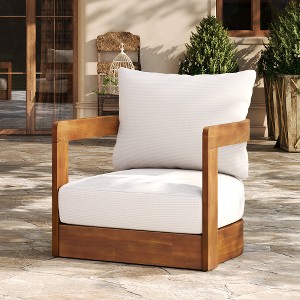 Lyngins Acacia Wood Outdoor Club Chair, Curvaceous Tub Design Outdoor Accent Chair with Water-Resistant Cushions, Patio Accent Chair Set for Garden - 1 of 4