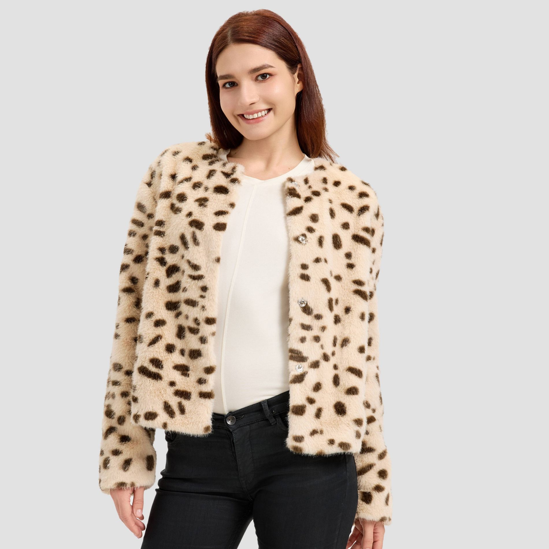 Women's Faux Fur Jacket - A New Day™ Snow White Leopard Spots