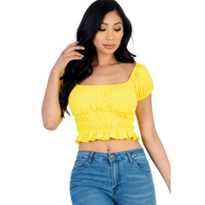 Slickblue Women's Ribbed Knit Puff Sleeve Top, Ruched Shoulder Detail, Short Sleeve Tee, Multiple Colors, Size S-L - 1 of 4