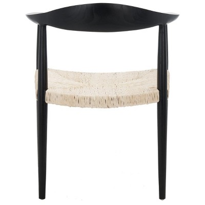 Elegant Mid-Century Black Wood & Natural Rattan Accent Chair