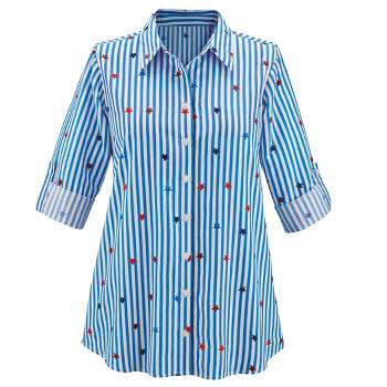 Collections Etc Star Spangled Striped Button Front Patriotic Shirt