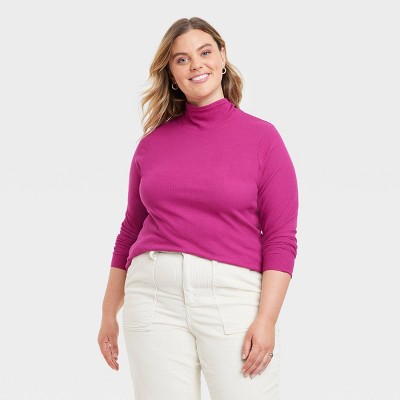 Mock Turtleneck Pink Turtleneck T Shirt Lands' End Women's Relaxed